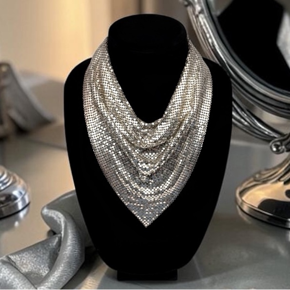 Vintage Whiting & Davis Silver Mesh Bib Necklace Draped Scarf Statement Piece - Picture 14 of 14